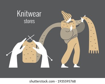 Silhouette of a girl in knitted clothes. Hands with knitting needles and knitting, vector illustration.