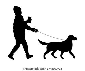 Silhouette Of A Girl And A Labrador In Side View. Winter Walking Dog Concept. Woman With Coffee Walks With A Dog. Vector Illustration