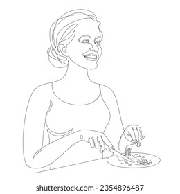Silhouette of a girl. Lady eats with fork and knife in modern single line style. Continuous line drawing, decor outline, posters, stickers, logo. Vector illustrations.