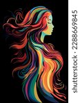 Silhouette of a girl with long curly hair, multi-colored. Beautiful long wavy hair style. Vector. Side view on a black background. Wavy haircut