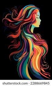 Silueta de una chica con el pelo largo y rizado, multicolor. Hermoso estilo de cabello largo y ondulado. Vector. Vista lateral sobre un fondo negro. Recorte ondulado