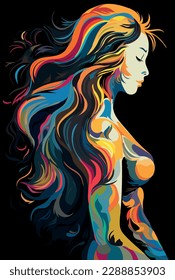 Silhouette of a girl with long curly hair, multi-colored. Beautiful long wavy hair style. Vector. Side view on a black background. Wavy haircut. Body and arm tattoos