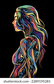 Silhouette of a girl with long curly hair, multi-colored. Beautiful long wavy hair style. Vector. Side view on a black background. Wavy haircut. Body and arm tattoos