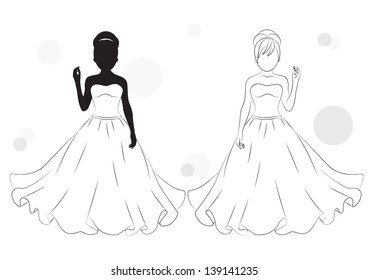 silhouette of a girl in a long dress isolated on white background