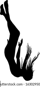 Silhouette of a girl with long fluttering hair plummeting down to earth. Vector illustration. 
