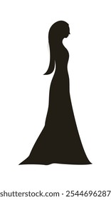 Silhouette of a girl with long hair and a long evening dress. 