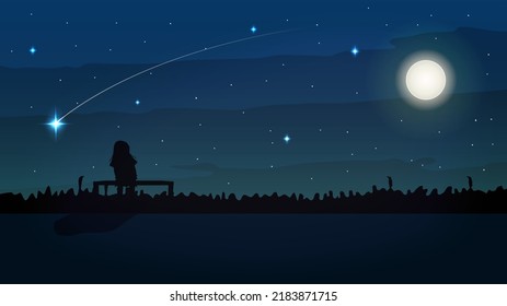 silhouette girl looking sky full stars sitting on chair. Vector illustration