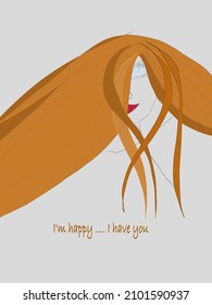 Silhouette of a girl with loose red hair. Greeting card.