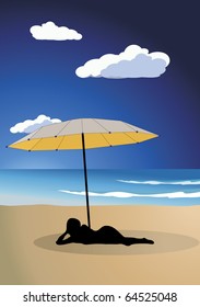 Silhouette of a girl lying under an umbrella on the beach