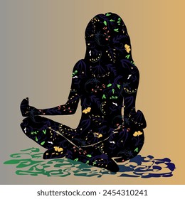 Silhouette of a girl in meditative yogi lotus pose. Vector illustration floral positia and tranquility from nature