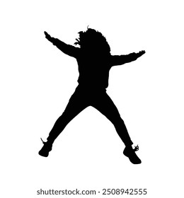 Silhouette of a Girl Mid-Jump with Arms and Legs Outstretched in a Star Shape vector. The flowing hair and dynamic pose capture a moment of freedom, energy, and pure joy.
