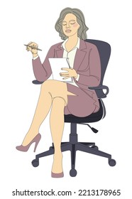 Silhouette of a girl in a modern single line style. A woman sits on an office chair, writes in a notebook. Continuous line, outline, posters, wall art, stickers, logo. Vector illustration.