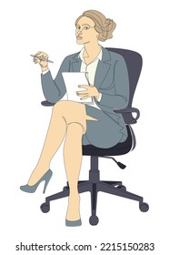 Silhouette of a girl in a modern single line style. A woman sits on an office chair, writes in a notebook. Continuous line, outline, posters, wall art, stickers, logo. Vector illustration.