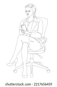 Silhouette of a girl in a modern single line style. A woman is sitting on a chair, talking on the phone. Continuous line, outline, posters, wall art, stickers, logo. Vector illustration.