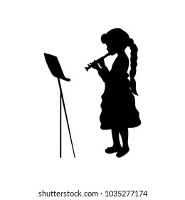 Silhouette girl music playing flute. Vector illustration