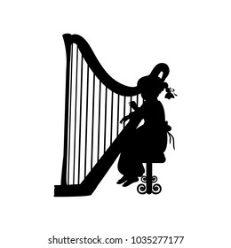 Silhouette girl music playing harp. Vector illustration