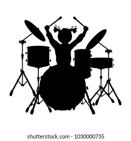 Silhouette girl music plays the drums. Vector illustration