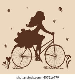 Silhouette of a girl on a bike in brown tones. Vector illustration . Square location.