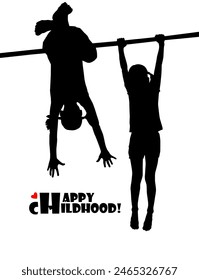 Silhouette of a girl on the crossbar. Active childhood. hand drawing. Not AI, Vector illustration.