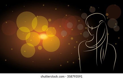 Silhouette of a girl on evening street. Vector abstract background. 