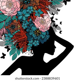 Silhouette of a girl on her head with flowers. Vector illustration