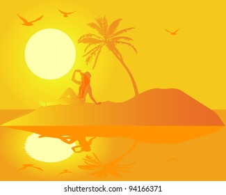 silhouette of a girl on an island in orange tones