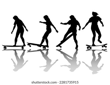 Silhouette of girl on roller skates on white background