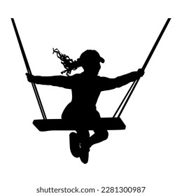 Silhouette of girl on rope swing isolated on white background. Child having fun on swing outdoor. Happy, carefree and cheerful childhood concept. Happy children's day. Stock vector illustration