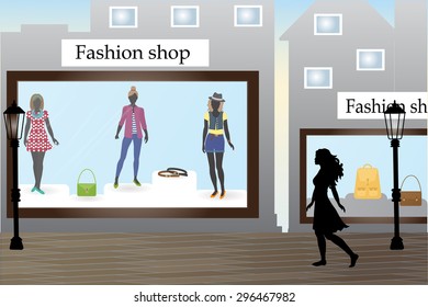 Silhouette of girl on the street near the shops. Vector Image.