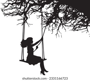 Silhouette Of The Girl On The Swing Near A Tree At Sunset Stock Photo, Picture And Royalty Free Image. 
