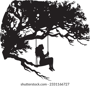 Silhouette Of The Girl On The Swing Near A Tree At Sunset Stock Photo, Picture And Royalty Free Image. 
