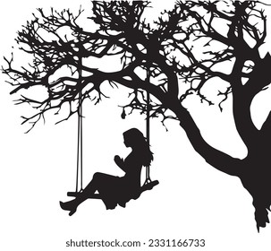 Silhouette Of The Girl On The Swing Near A Tree At Sunset Stock Photo, Picture And Royalty Free Image. 
