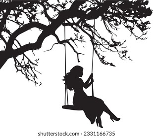 Silhouette Of The Girl On The Swing Near A Tree At Sunset Stock Photo, Picture And Royalty Free Image. 
