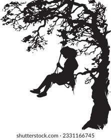 Silhouette Of The Girl On The Swing Near A Tree At Sunset Stock Photo, Picture And Royalty Free Image. 
