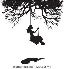 Silhouette Of The Girl On The Swing Near A Tree At Sunset Stock Photo, Picture And Royalty Free Image. 
