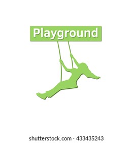 Silhouette of a girl on swing under the tree. Playground logo. Play the swing under the tree. Tree Logo Template.