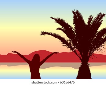 Silhouette girl with outstretched arms at sunset on the sea