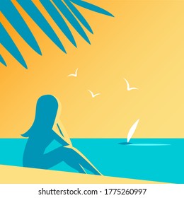 Silhouette of a girl and palm trees at a beach resort. Sits in the sand and looks at the sunny sunset. Summer holidays and tourism. Vector illustration.