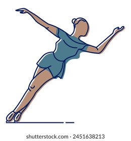 Silhouette of a girl performing a trick in figure skating. Stylized figure skater in a dress on skates, made from thin line. Flat vector character  on a white background