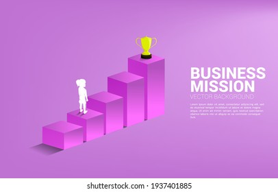 Silhouette girl planning to get trophy on top of graph. Business Concept of goal and vision mission