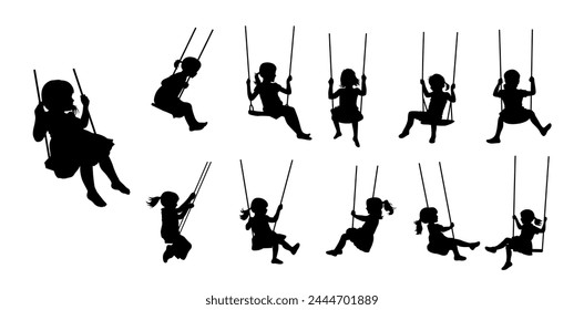 Silhouette of girl play swinging swing, Girl swinging silhouette isolated on white	