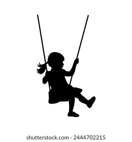 Silhouette of girl play swinging swing, Girl swinging silhouette isolated on white