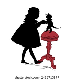 Silhouette girl playing with cat, hand drawn vintage illustration