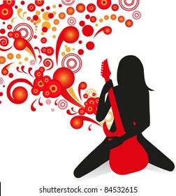silhouette of girl playing on stage on a red guitar on abstract background