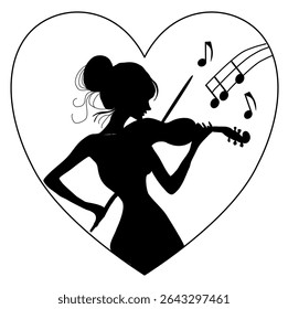Silhouette of a girl playing violin inside a heart shape with musical notes. Romantic and artistic mood, ideal for love and music concepts.