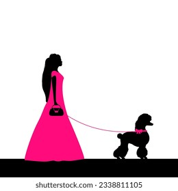 Silhouette of a girl with a poodle dog in black and pink.