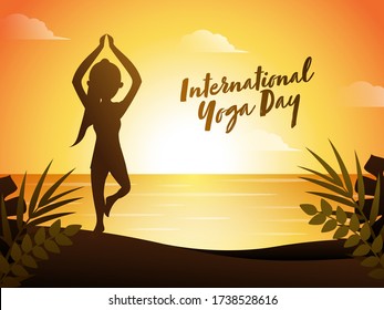 Silhouette Girl Practicing Vrikshasana (Tree) Pose with Leaves on Sunrise Background for International Yoga Day.