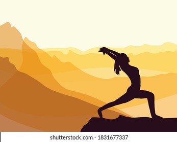 Silhouette of girl practicing yoga. Mountains in the background. Sunrise, yoga sun salutation. Healthy lifestyle.