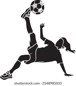 Silhouette of a girl practising a football somersault. Silhouette of a sporty boy kicking the ball by jumping