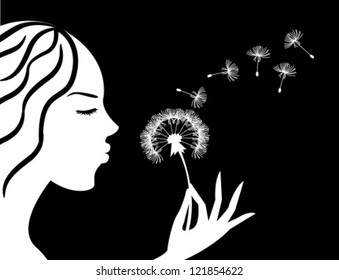 silhouette of a girl in profile blowing on dandelion